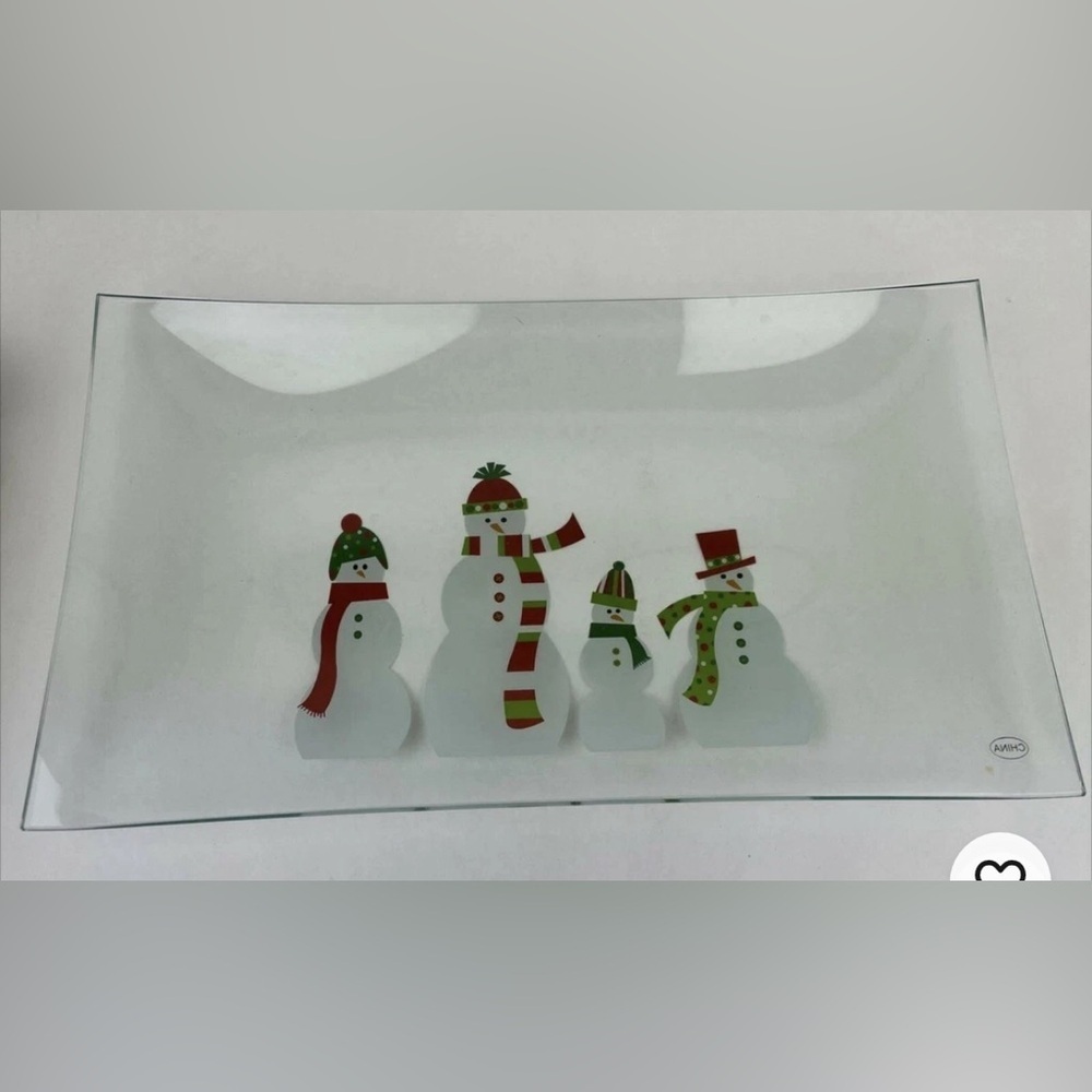 Pampered Chef Snowmen Rectangle Glass Platter Holiday Christmas Serving Dish
